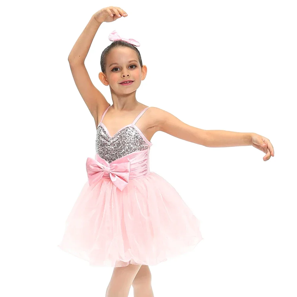 

MiDee Ballet Dress Kids Girls Sequin Pink Sweet Tutu Skirt Modern Stage Performance Dance Wear Ballerina Flower Dress Costume
