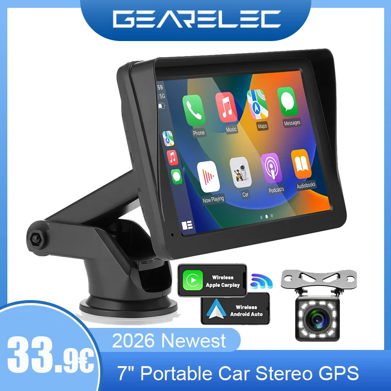 Autoradio portable sans fil 7 pouces, Carplay, Android Auto, Bluetooth, GPS, Navigation, FM, AUX, Lecteur multimédia pour voiture