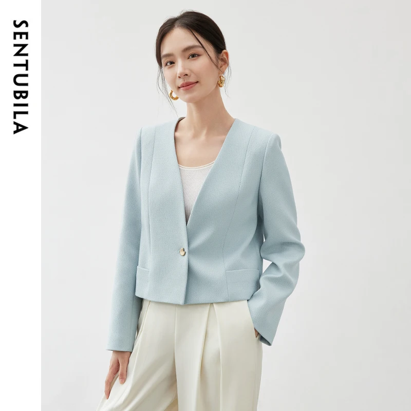 SENTUBILA Elegant Straight Jacket Women 2024 Fall Solid Simple V Neck Single Button Long Sleeve Cropped Female Clothes 143W56517