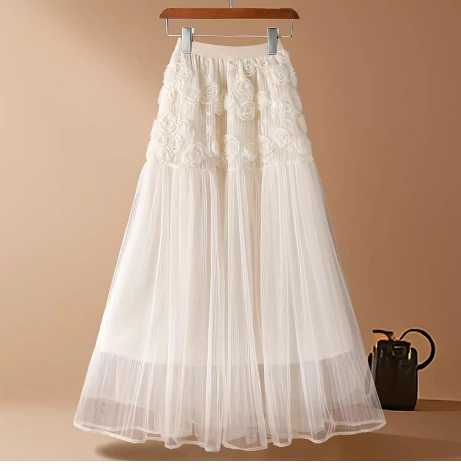 

Chic Tulle Skirt with 3D Rose Floral Ruffled, Semi-Transparent Net Dress for Women, All-Season Wear, Elegant Mesh Overlay skirt
