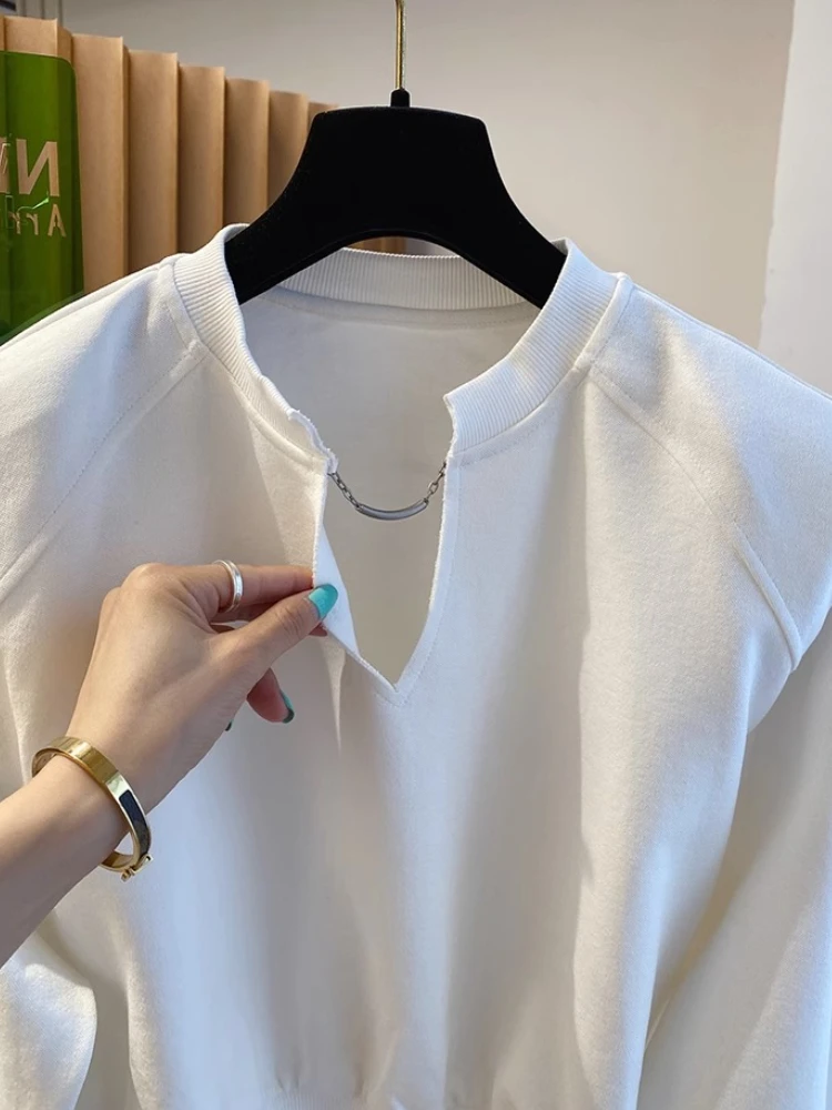 Sudaderas con cuello en V para mujer, nuevo diseño de otoño, ropa de estilo corto de ocio para mujer, ropa Vintage sencilla que combina con todo,