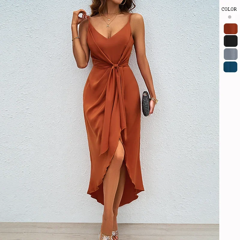 

2025 European and American Summer New Fashion Solid Color Slip Dress Women