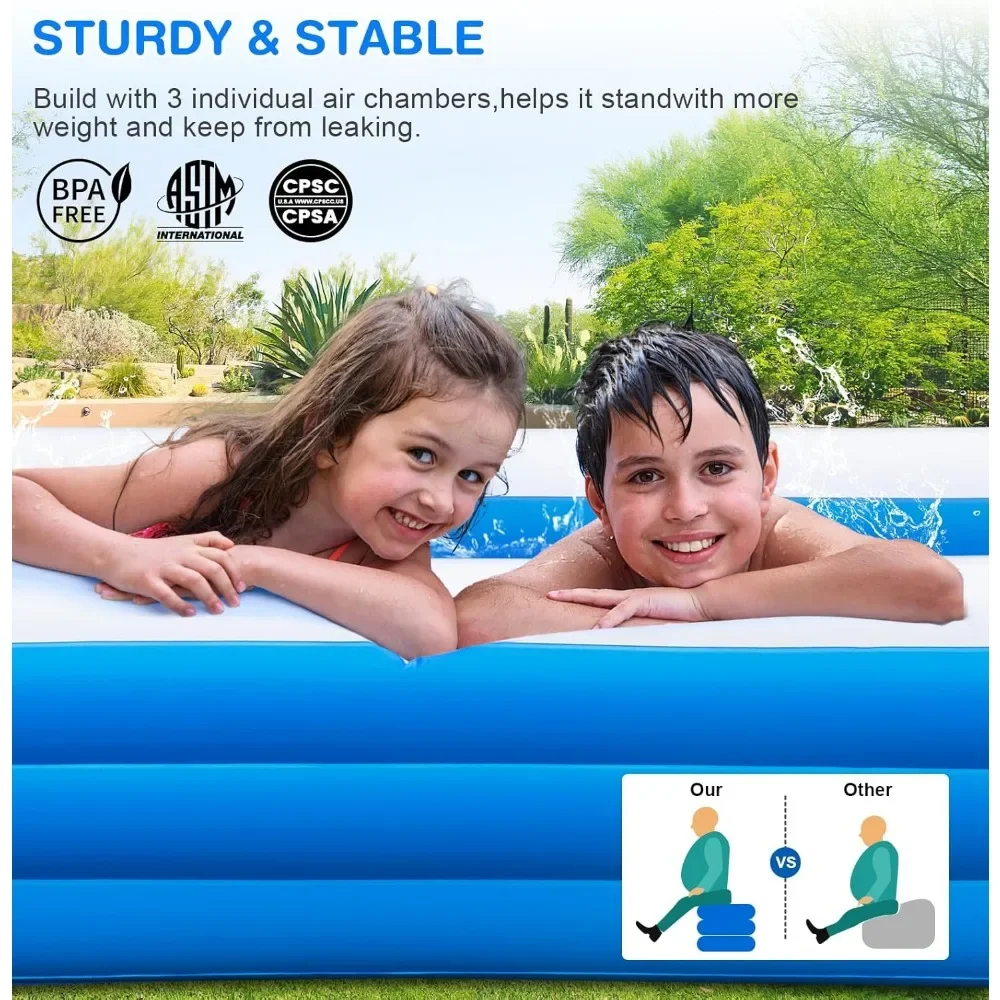 Extra Large Inflatable Pool with Seat, 130"" x72 x22 Thickened Swimming Pools for Adults with Pump