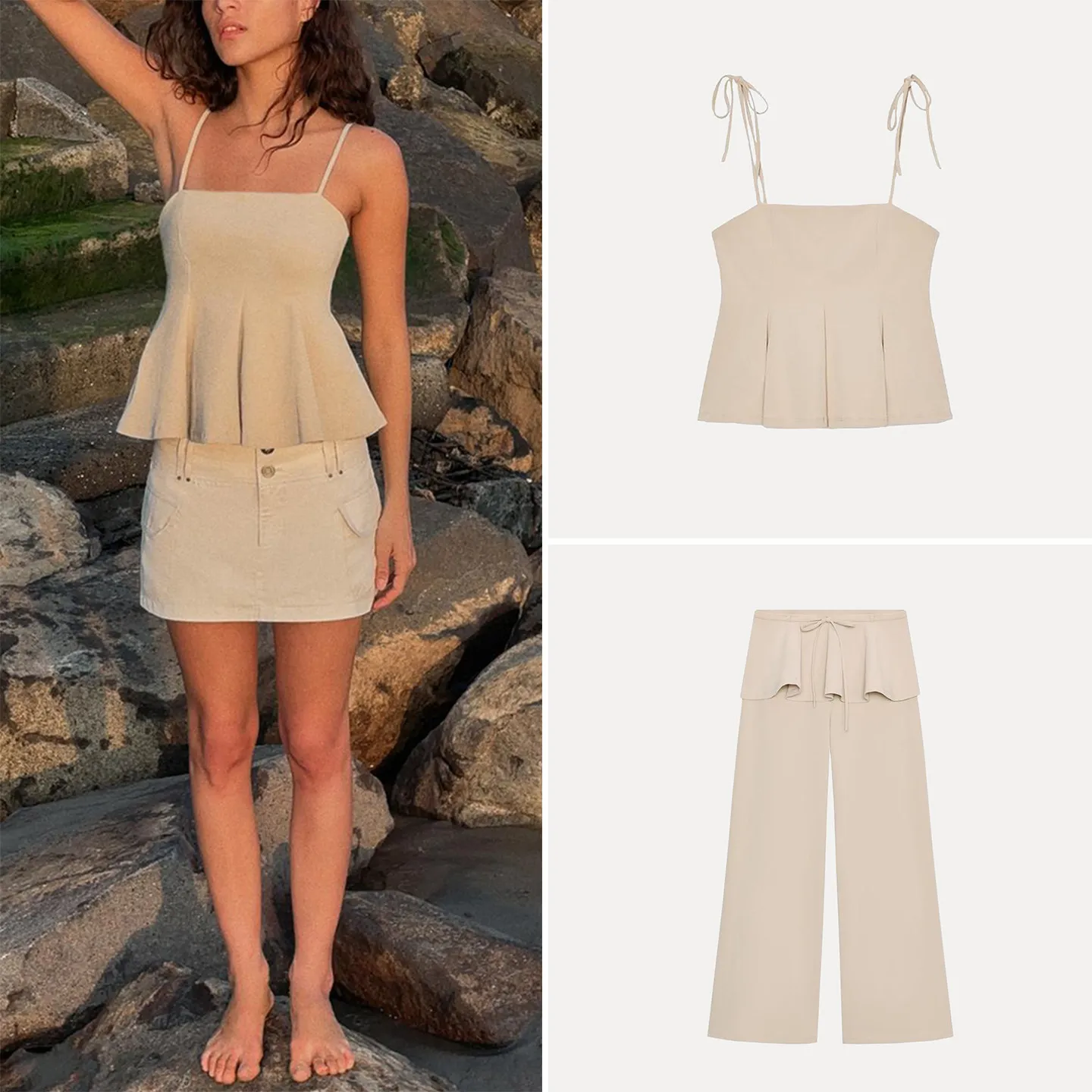 

Spring 2026 Women's Fashion Set Short Skirt Style Hem Drop Shoulder Top Wide Leg Pants Long Pants Short Length Spring Season