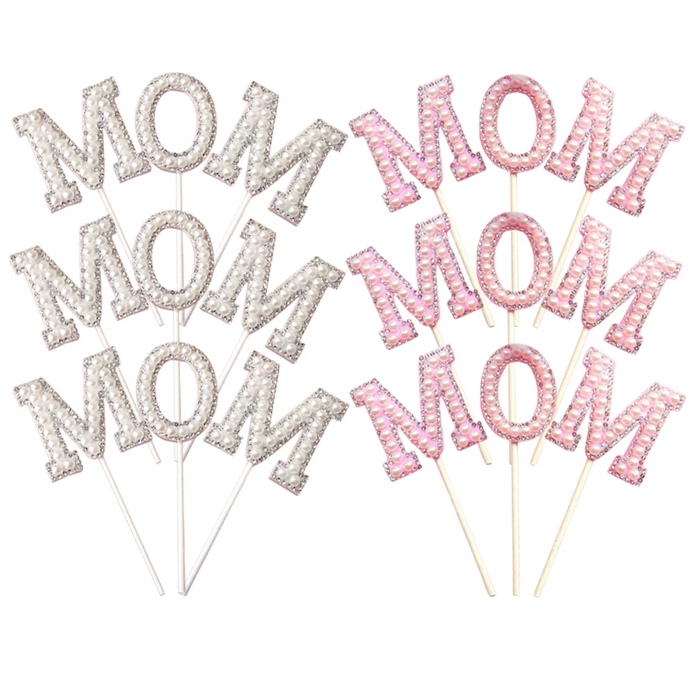 

6 set Cake Decoration Insert Flags MOM Pink White Sets Pearl Cupcake Topper Decor Mother's Day Party Felt Cloth