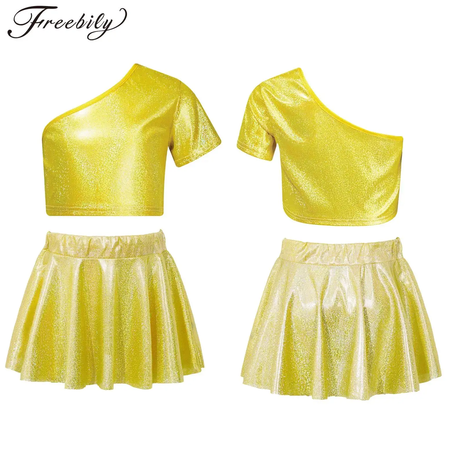 

Kids Girls 2Pcs Jazz Latin Dance Set Cheerleading Performance Costume One Shoulder Metallic Crop Tops with Mini Skirt for Show