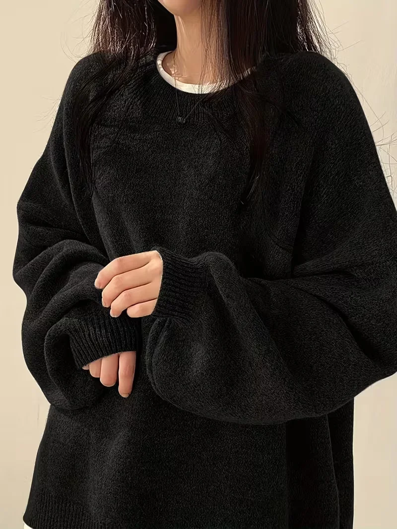 Women Loose Knit Sweater O Neck Lantern Long Sleeve Side Slit Oversized Black Pullover Casual Fall Winter Knitwear