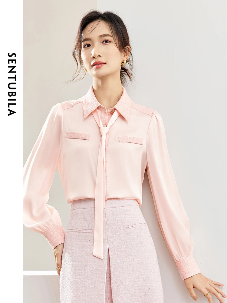 SENTUBILA Spliced Lace-up Bow Pink Shirt & Blouse Female 2024 Spring Office Lady Elegant Long Sleeve Top Women Clothes 141C53245