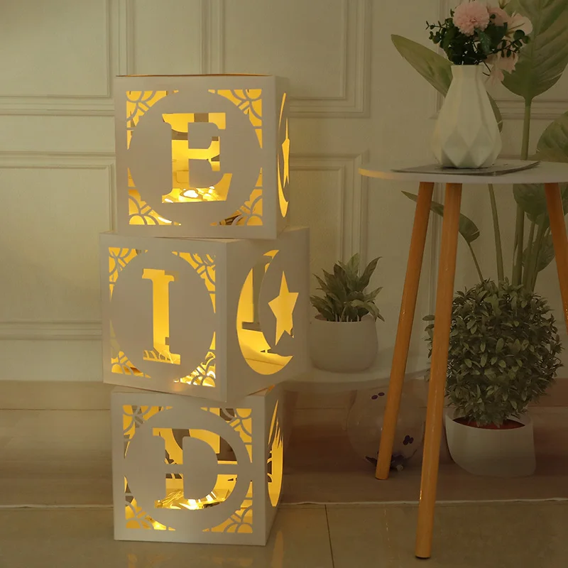 

3pcs Eid Mubarak Transparent Box Alphabet Box Letter Paper Hollow Light String Box Ramadan Decor Muslim Islamic Party Supplies