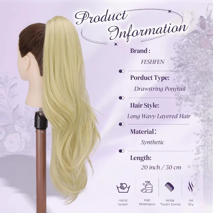 وصلة ذيل حصان برباط من FESHFEN للنساء مع شعر صناعي طبيعي طويل مموج ذو طبقات بلون أشقر رمادي 20 بوصة مثالي