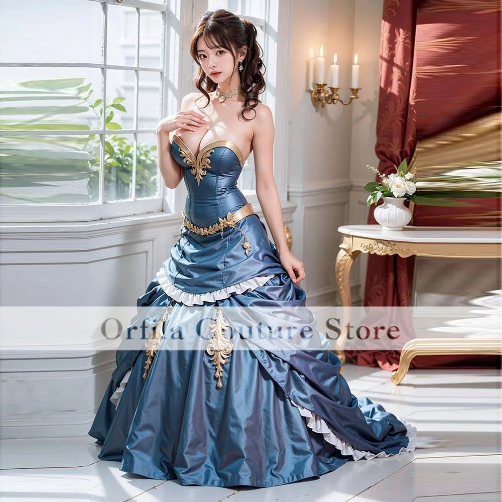 Vintage Blue Gothic Ball Gown Strapless Appliqued Corset Medieval Halloween Ruffle Beading Evening Party Gowns Customized