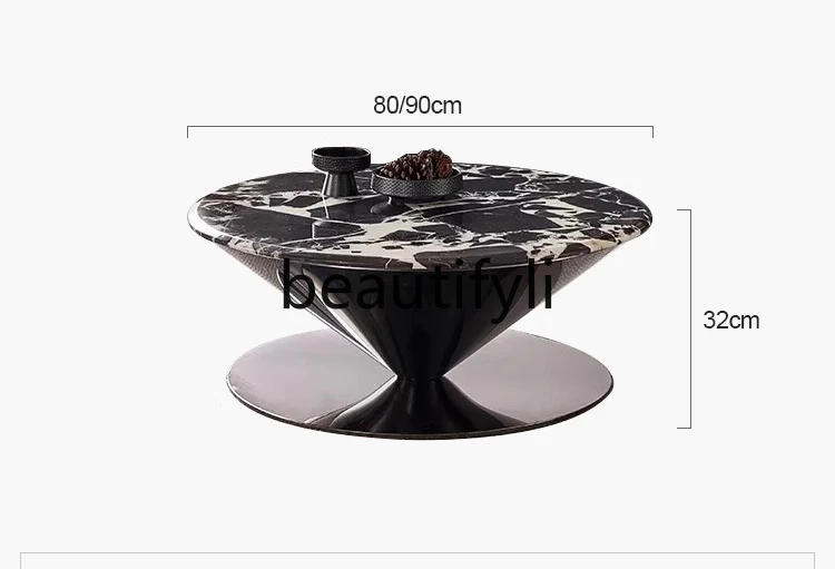 Minimalist black natural luxury stone home living room round designer flying saucer marble coffee table