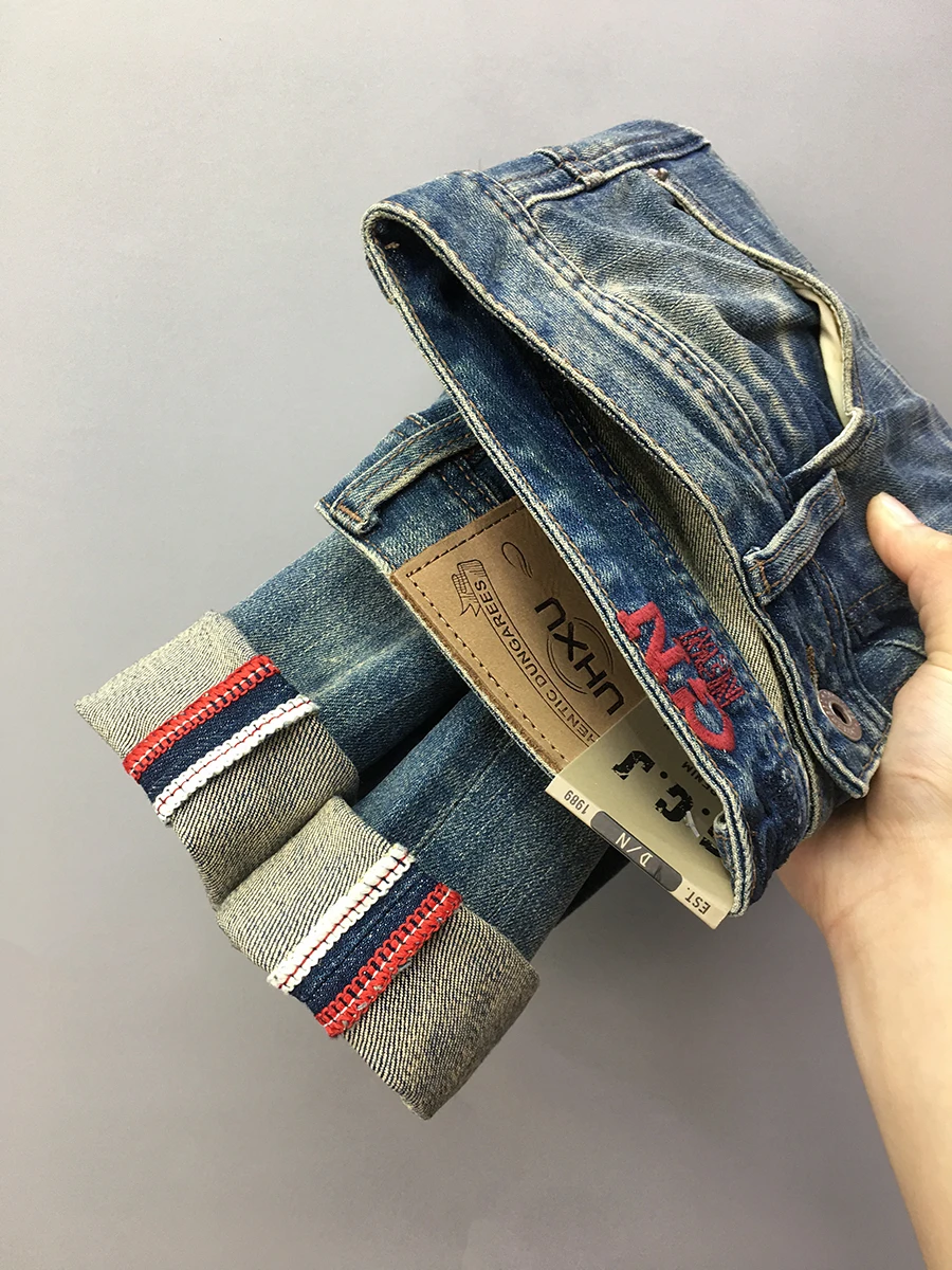 American Vintage Casual Washed Denim Jeans for Men Autumn Slim Fit Straight Pants High Quality Distressed Stretch 93.7% Cotton