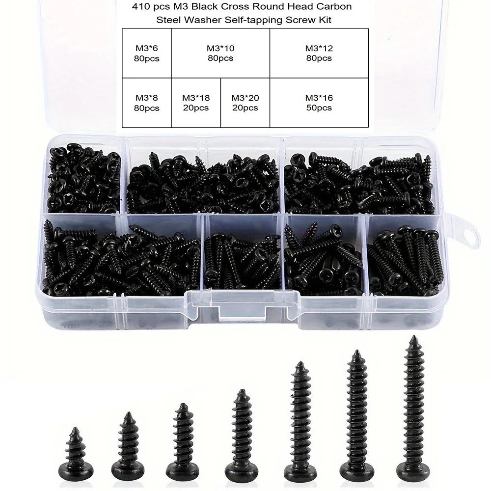 410 Pcs M2 Black High-Strength Self-Tapping Screw Set - 7 Sizes for Home Improvement, Plastics, Wood, and Soft Metals