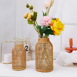 Rattan Vase Household Flower Home Decor Tabletop Dried Flowers Wicker Vase Country Retro Woven Art Craft Vase Home Living Room