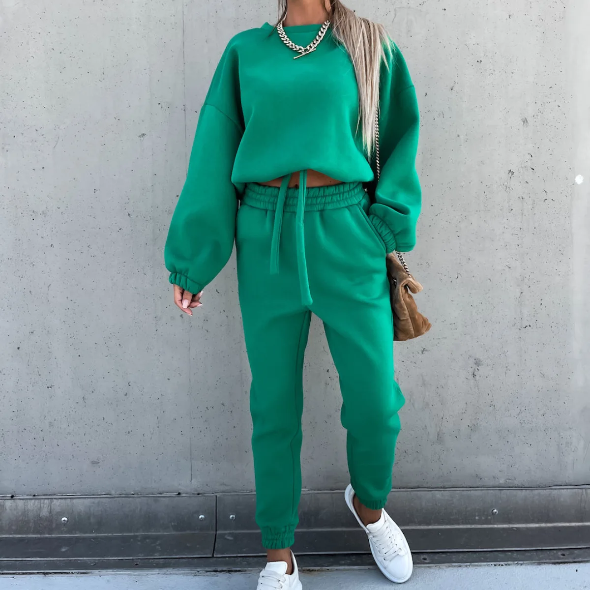 

Autumn/winte Women's Sports Hoodie Set Round Neck Long Sleeved Short Lace-up Top Casual Pocket Long Pants Two-piece Suit 2024
