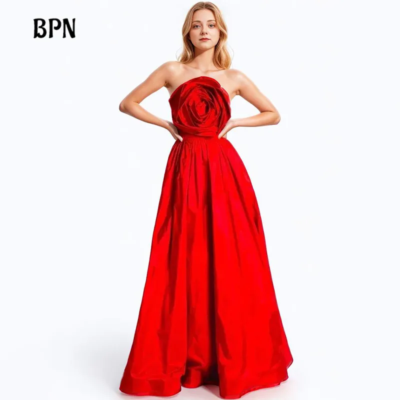 

BPN Temperament Party Dresses For Women Strapless Sleeveless High Waist Backless Patchwork Appliques Long Dress Female Fashion