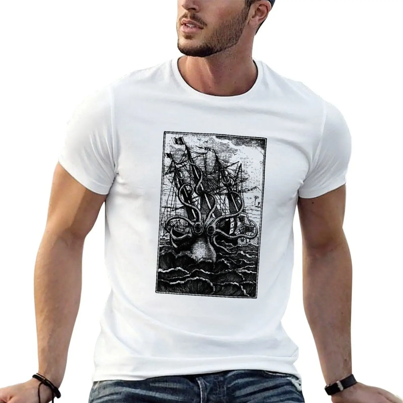 

shirts t Kraken illustration t man graphic T-Shirt cotton men ship 100% Vintage shirt attacking