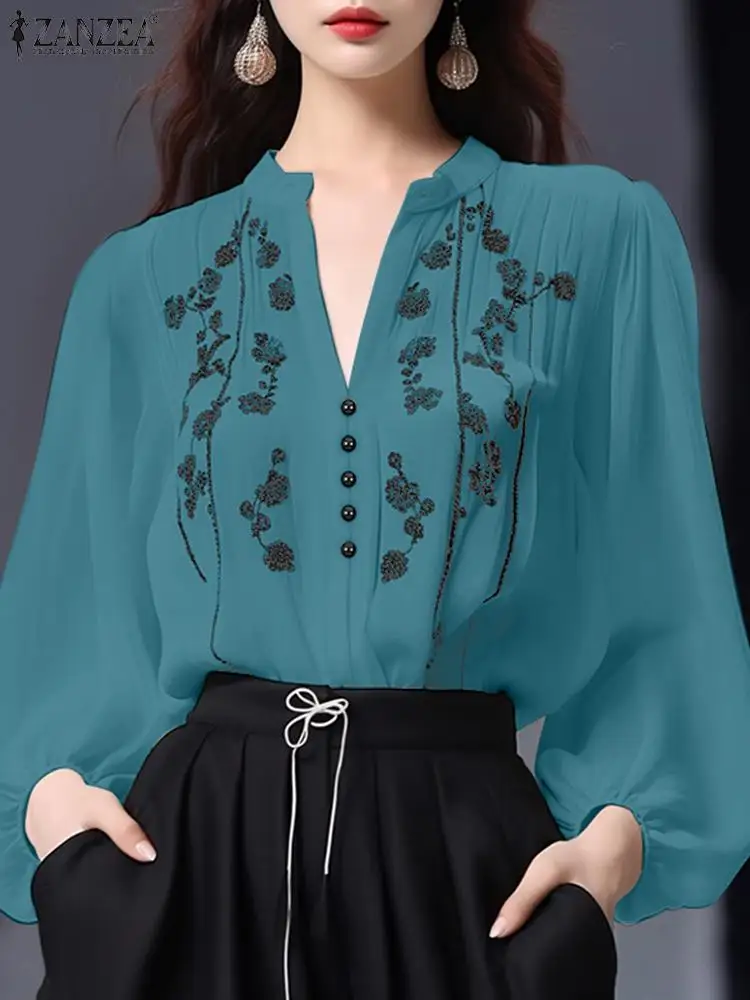 ZANZEA Women Vintage Long Lantern Sleeve Blouses 2024 Autumn Embroidery Tops Fashion Holiday V-neck Tunics Elegant Party Blusas
