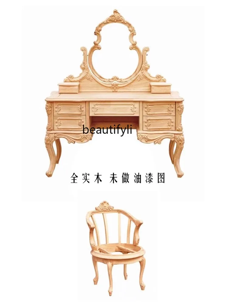 European style dressing table villa luxury makeup table with mirror makeup stool French solid wood carving 1.35 meters