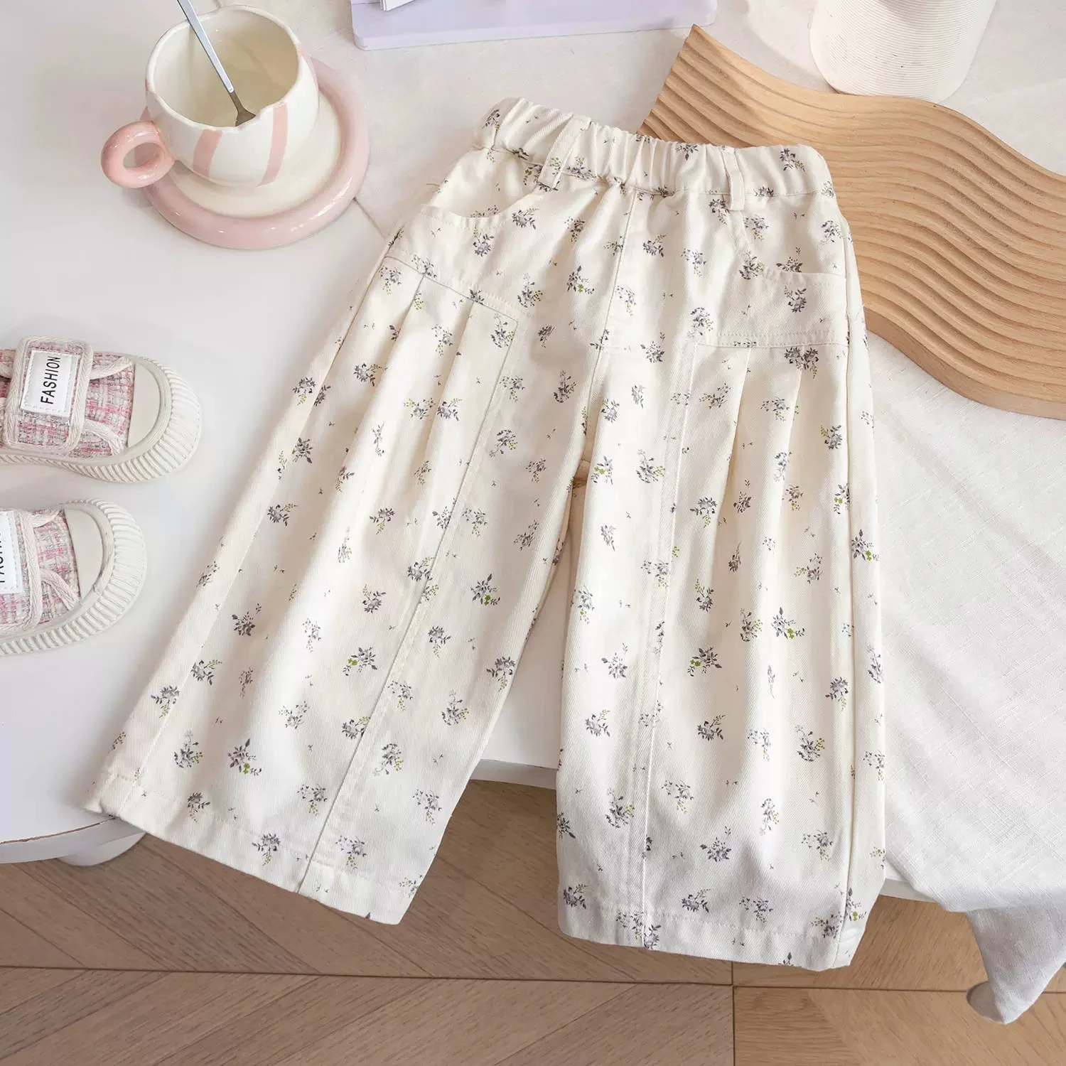 

Children Pants 2025 Spring Autumn Baby Girls Korean Full Print Casual Straight Leg Pants Children Blue Floral Pants