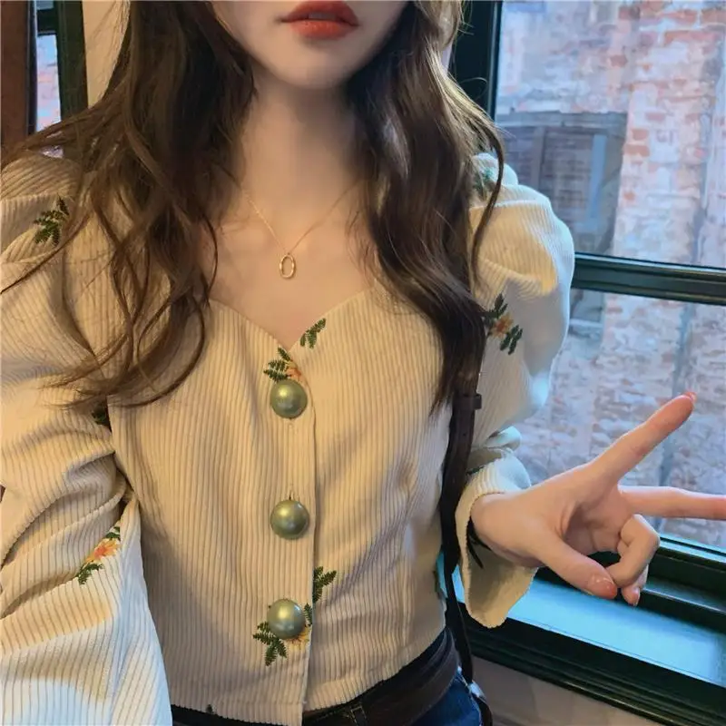 Corduroy Embroidery Shirts Women Flowers Elegant V-neck Sweet All-match Korean Style Stylish Spring Design Aesthetic Vintage New