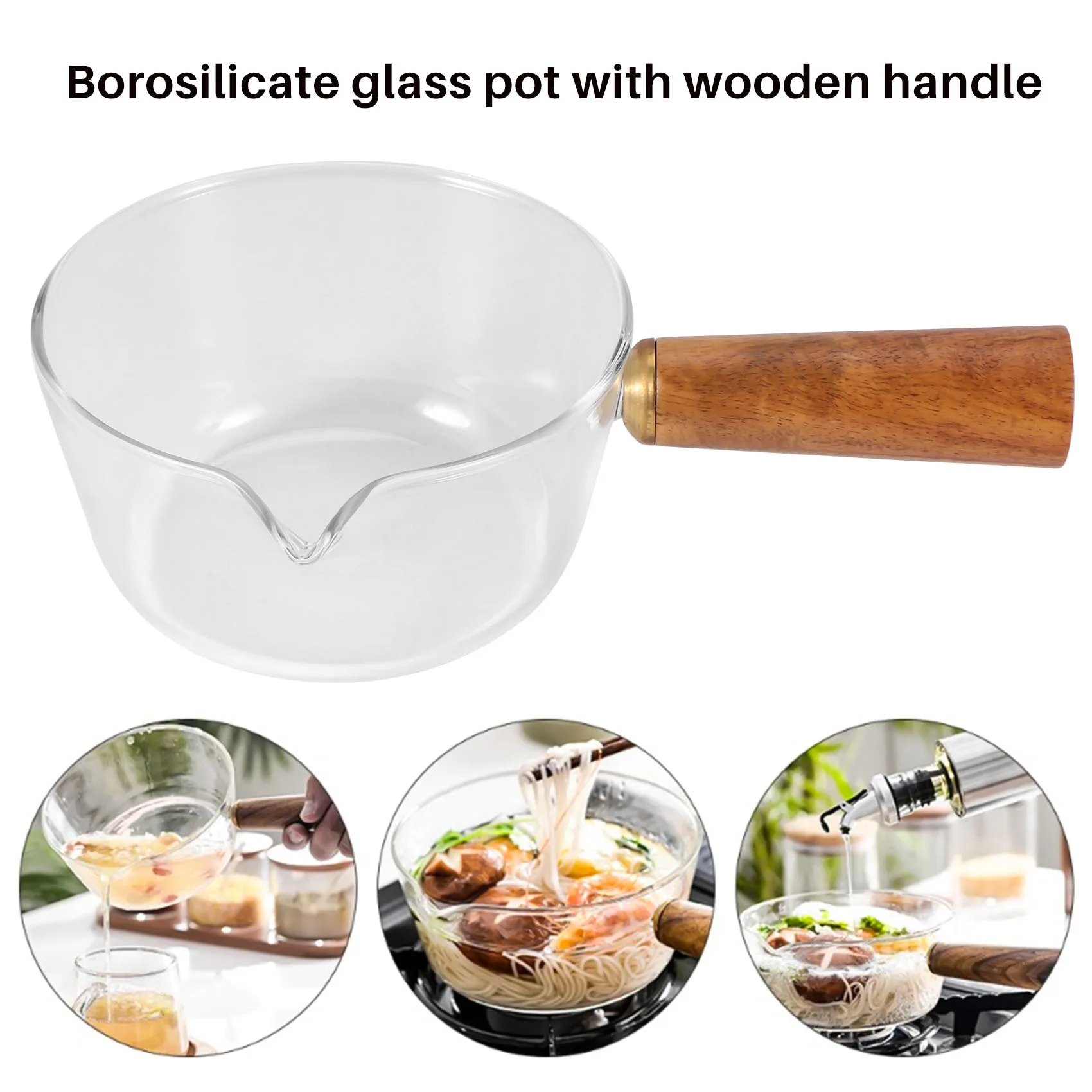 Glass Milk Pot with Wooden Handle 400Ml Cooking Pot for Salad Noodles Gas Stove Cookware