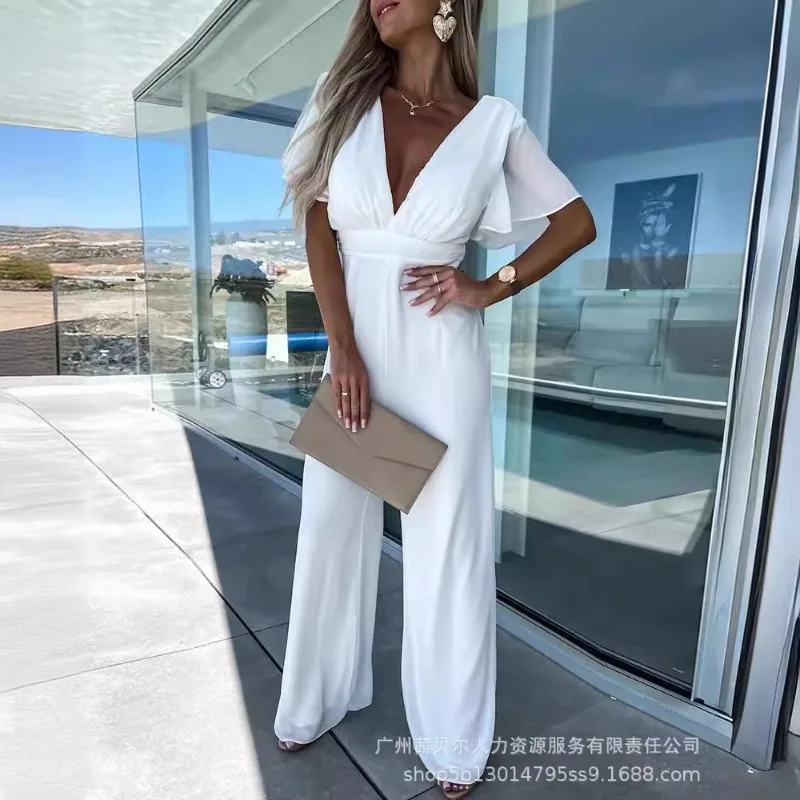 

2024 Summer New Women's Clothing Solid Color V-neck Short Sleeve Loose Vacation Wide Leg One-Piece Trousers