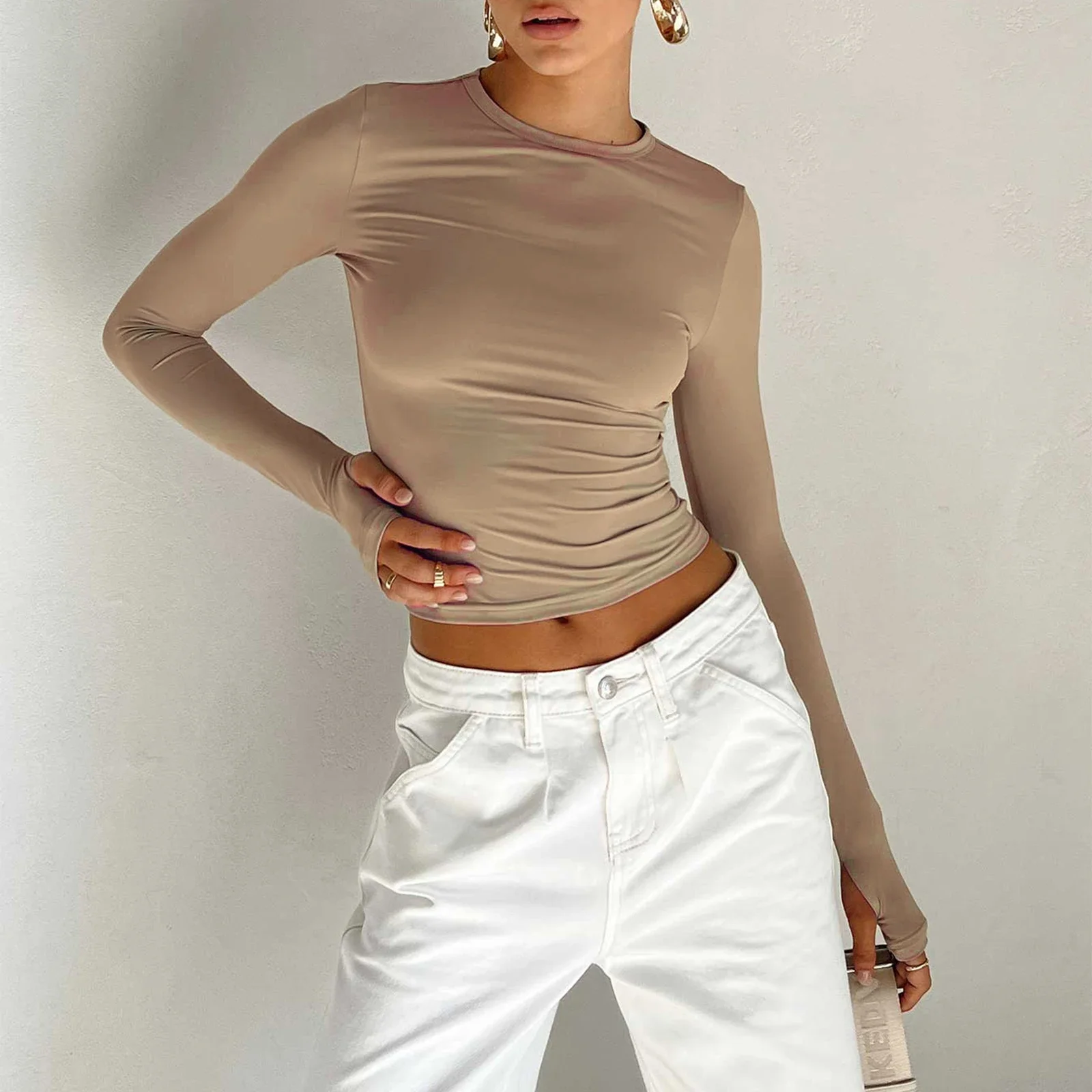 Combhasaki Damskie Vintage Y2K Retro Slim Fit Crop Tops Długi rękaw Crew Neck Solid Color Basic Casual T-Shirts z otworami na kciuki