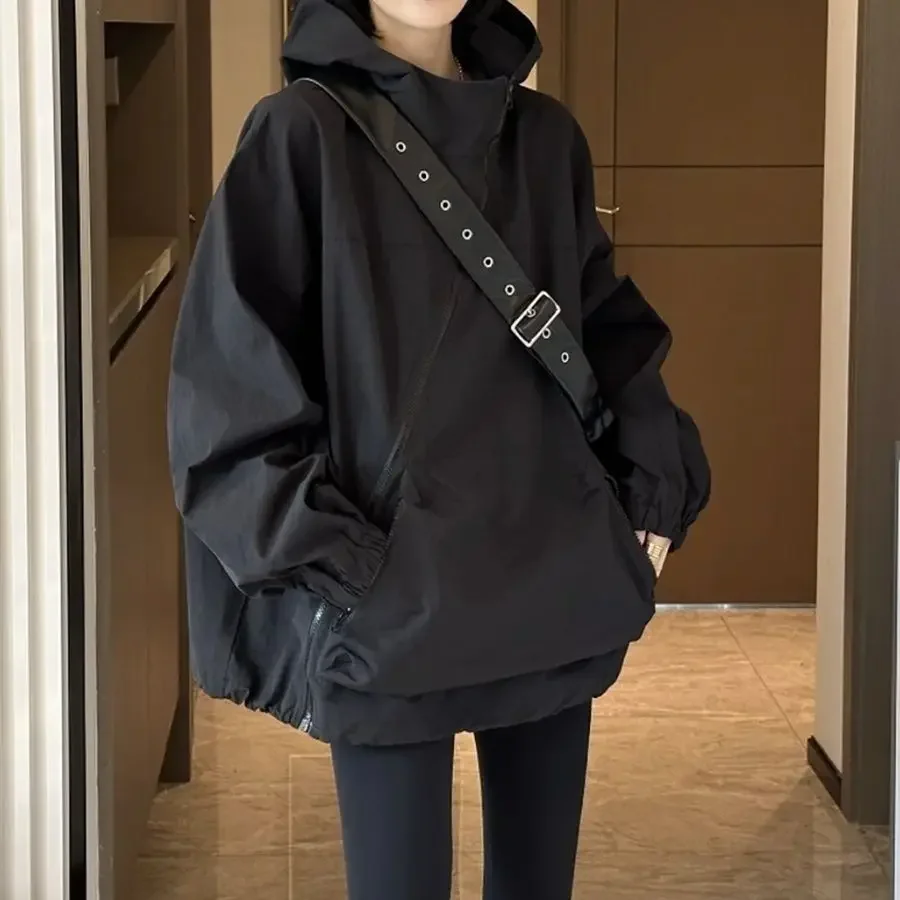 

Women Hooded Jackets Diagonal Zipper Design Vintage Autumn Baggy Fashion BF Style Outdoor Chaqueta Mujer Leisure All-match Lady