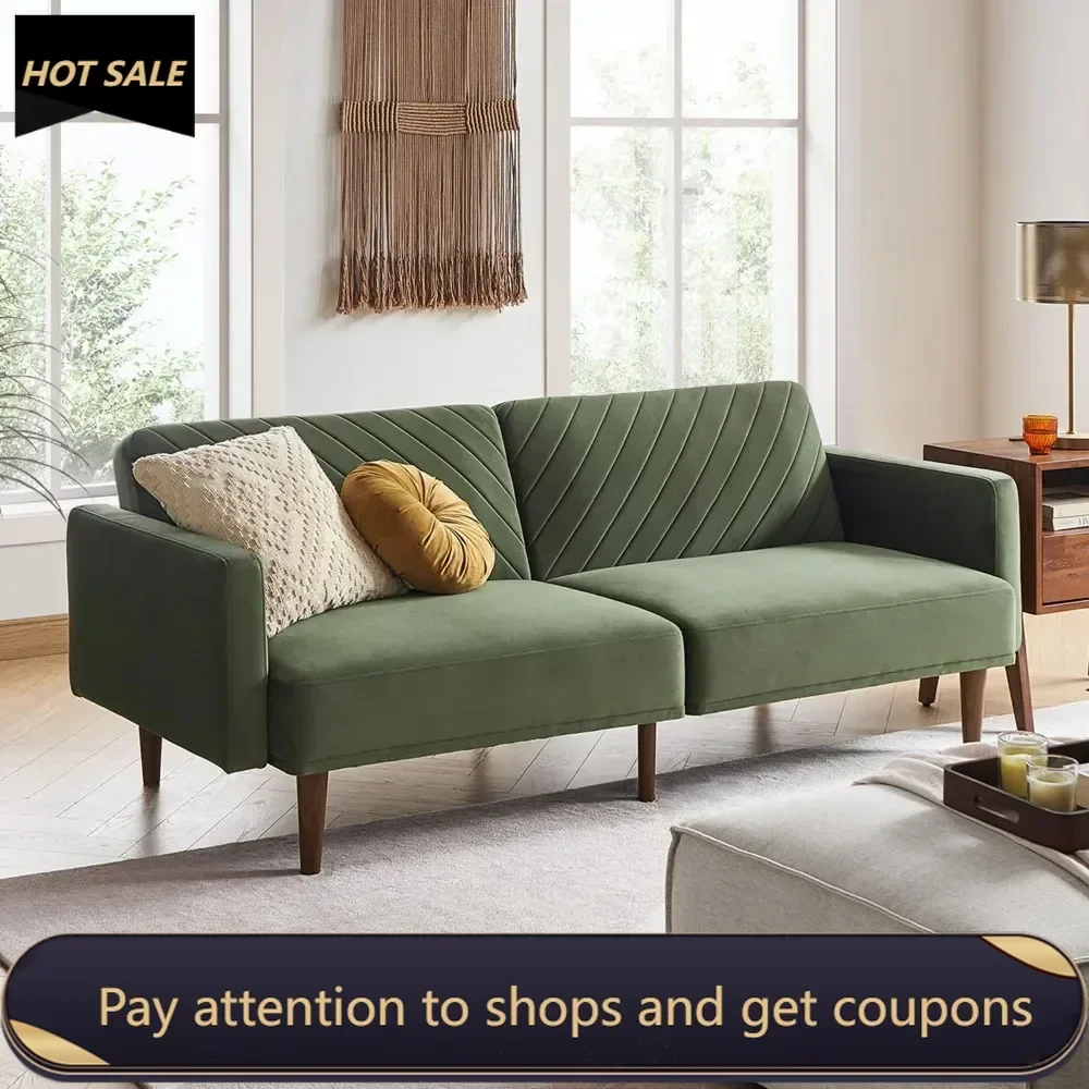 Futon Sofa Bed, Couch, Sleeper Sofa, Loveseat, Mid Century Modern Futon Couch, Sofa Cama, Couches (Olive Green Premium Velvet)