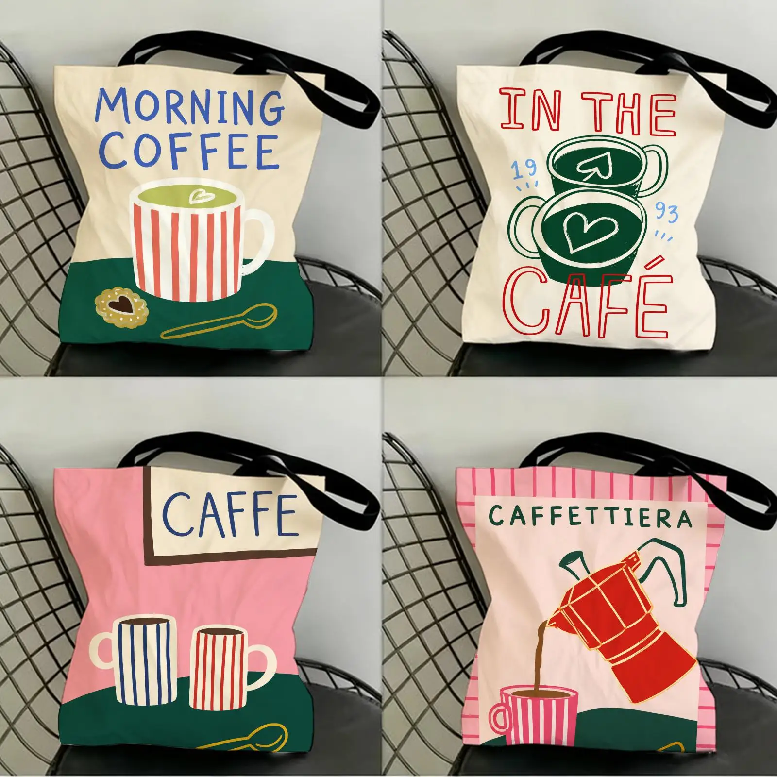 

Kitchen Cafe Latte Espresso Coffee Storage Bags Canvas Double-Sided Print Women Large Tote Bag Durable Beach Picnic Foldable