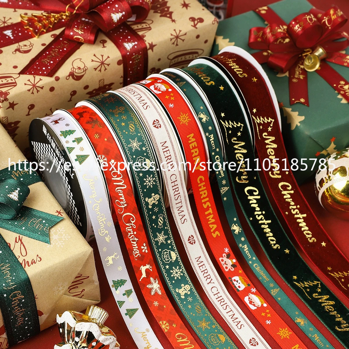 25 Yards X5 Rolls Christmas Ribbon Red Green DIY Bow Gift Wrapping Santa Snowflake Ribbon