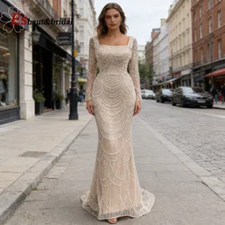 Elegante abito da sera con perle a sirena per donna Dubai Arabo maniche lunghe Plus Size Abiti da cerimonia nuziale formali da ballo personalizzati