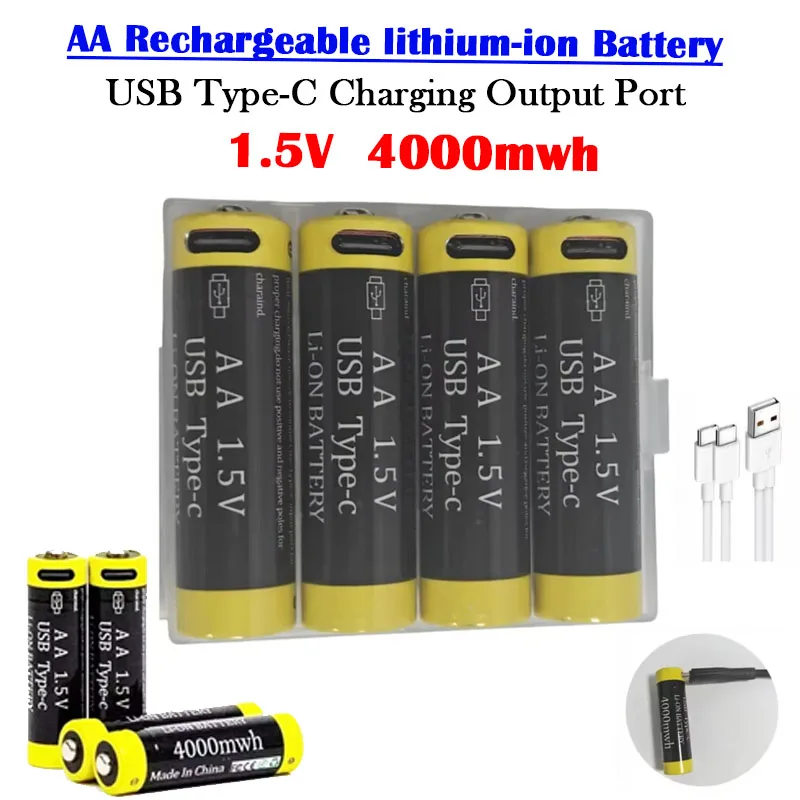 New AA 1.5V 4000mWh Batteries  Rechargeable Li-ion Battery for Mouse Remote Control Small Fan Electric Toy with USB Type-C Cable