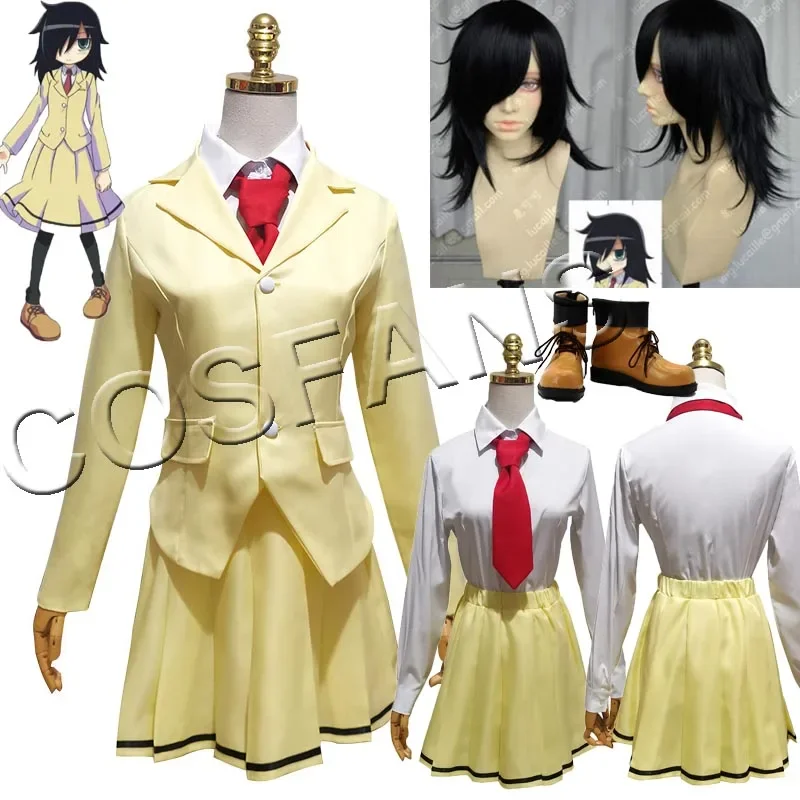 Anime WataMote Tomoko Kuroki przebranie na karnawał kobiety dziewczęta piękny żółty Jk spódnica jednolite stroje Halloween garnitur peruka buty mężczyźni