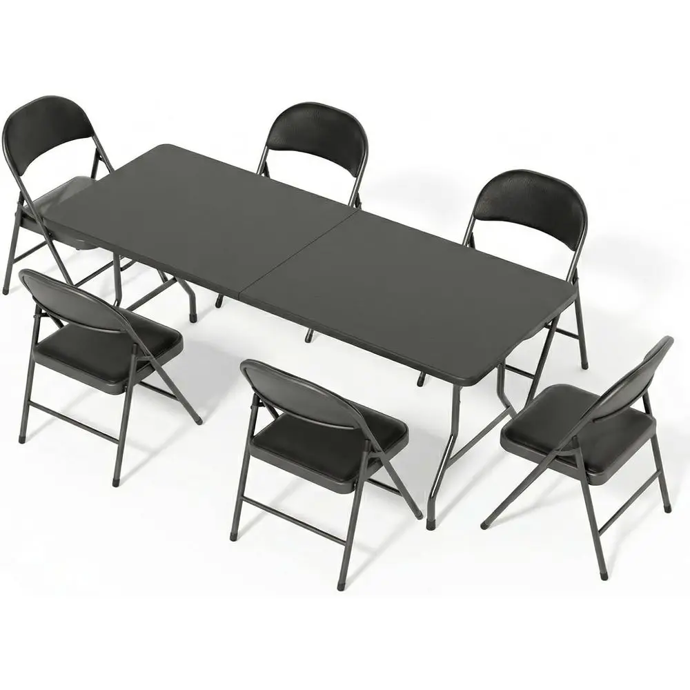 

Набор из 6-местного складного стола из черного пластика и 6 черных мягких складных стульев, портативные складные столы и стулья для вечеринок, мероприятий, пикников.
