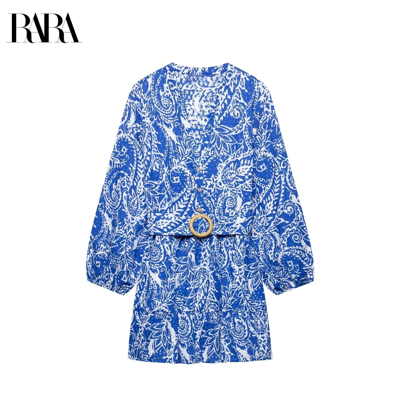 

RARA2025 Summer New Women's Casual Loose With Belt Embroidered Shirt-style Long-sleeved V-neck Dress