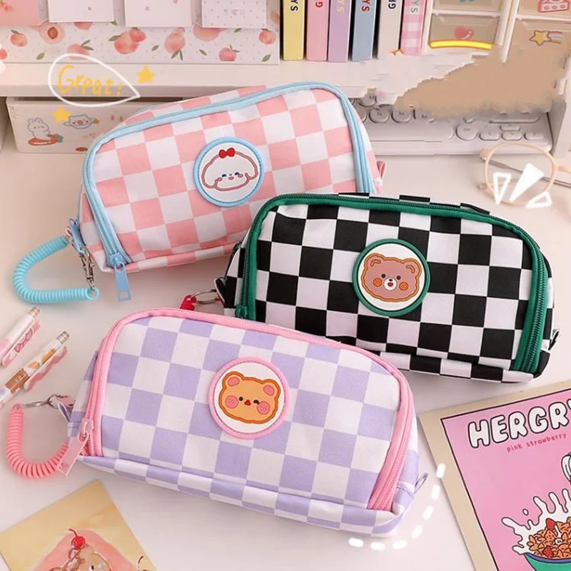 Kawaii Pencil Case Large Capacity Ins Style Checkerboard Pencil Bags Korean Aesthetic Stationery for Students Office Supplies