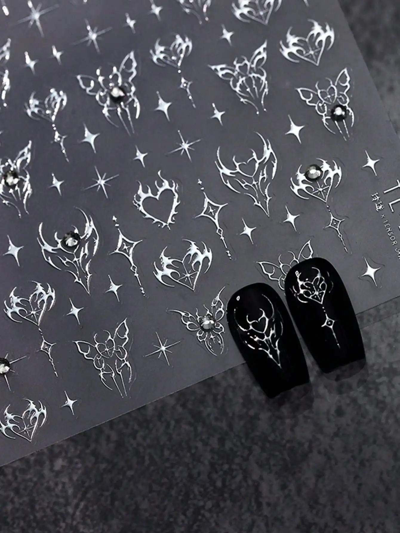 

1 Sheet Silver Heart, Star, Butterfly Nail Art Stickers, Diamond Jewelry Decals, DIY Punk Style 3D Nail Decorations. Apply On Nails, Then Coat With Clear Nail Polish Or Top Coat For Longer-Lasting, More Beautiful Nails.