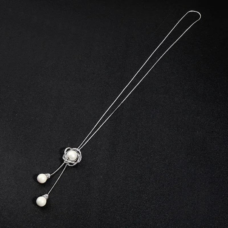 New Rhinestone Circle Long Tassel Necklace For Women Pearl Pendant Silver Color Adjustable Sweater Chain Necklaces Jewelry