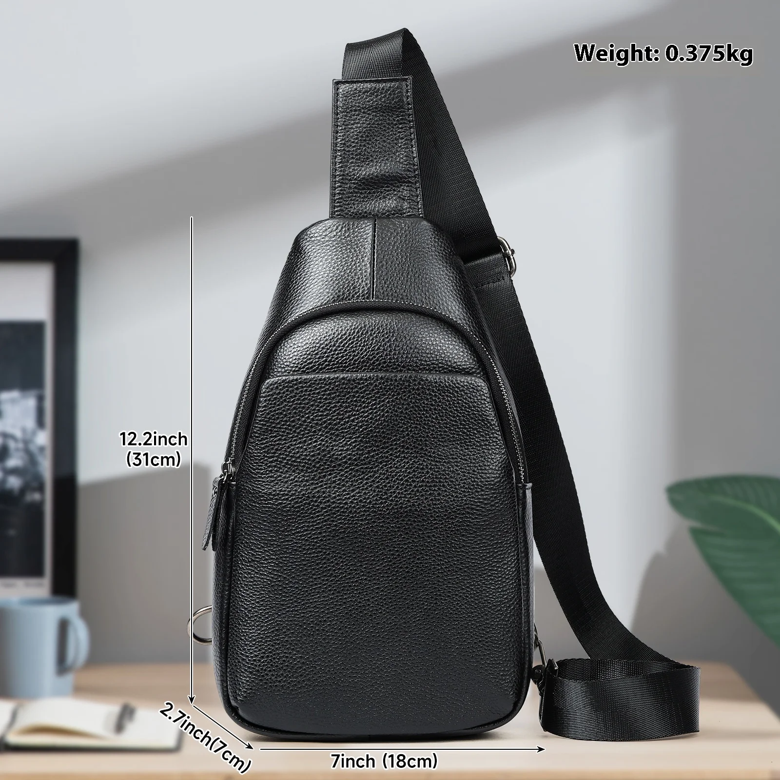 Genuine Leather Chest Bag for Men, Cowhide Single Shoulder Crossbody Bag
