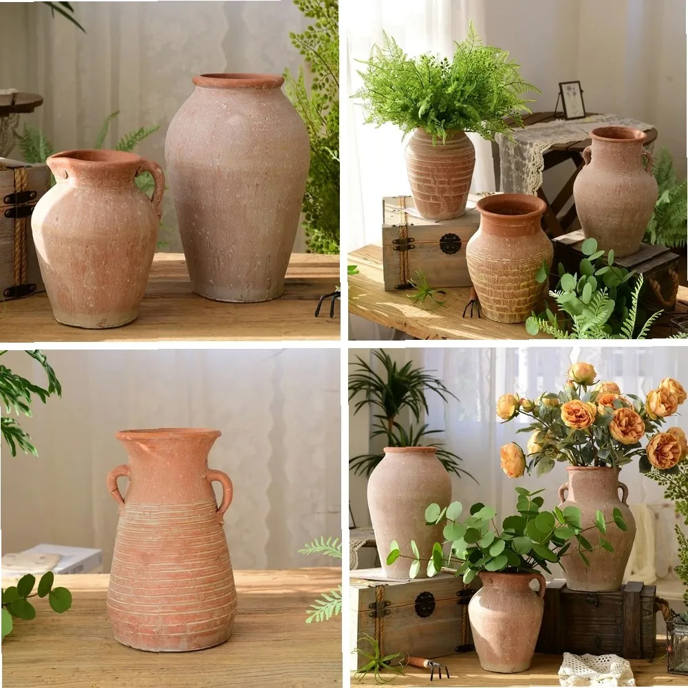 Retro Clay Pot Large Diameter Ceramic Porous Flower Vase Plant Pots Simple Red Clay Dry Flower