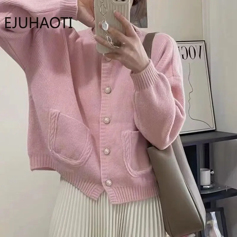 2024 New Korean Style Small Fragrant Sweater Coat Tops Women's Sweet Single Breasted Short Crewneck Knitted Pink White Cardigan