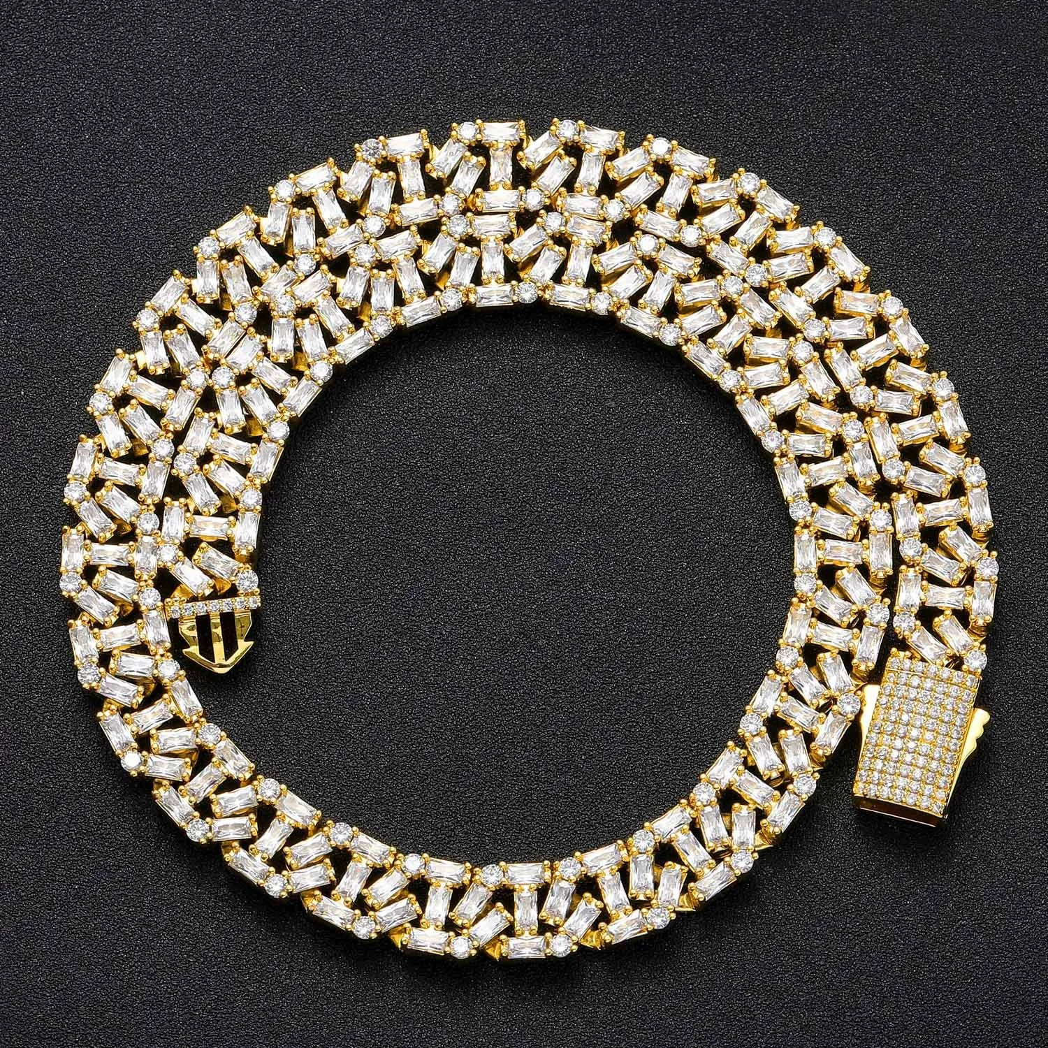 Iced Out Baguette Cubic Zirconia Tennis Chain Gold Plated Rectangle Stone Hip Hop Men Women Statement Necklace