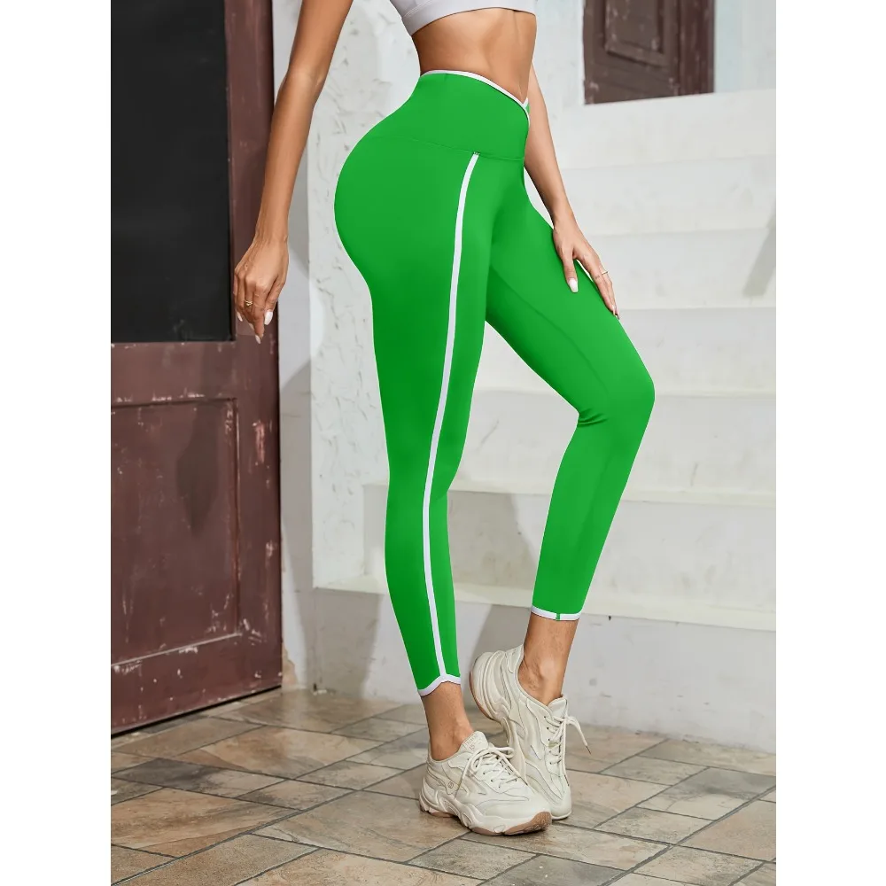 Cross-waist Contrast Color High-waist Sports Leggings, Running Exercise Fitness Yoga Leggings, Autumnwinter Womens Sportswear