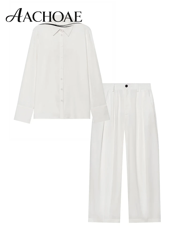 AACHOAE Women Two Piece Set Long Sleeve Button Shirt Wide Leg Pants Co Ord Set Casual Summer Vacation Outfit Matching Set