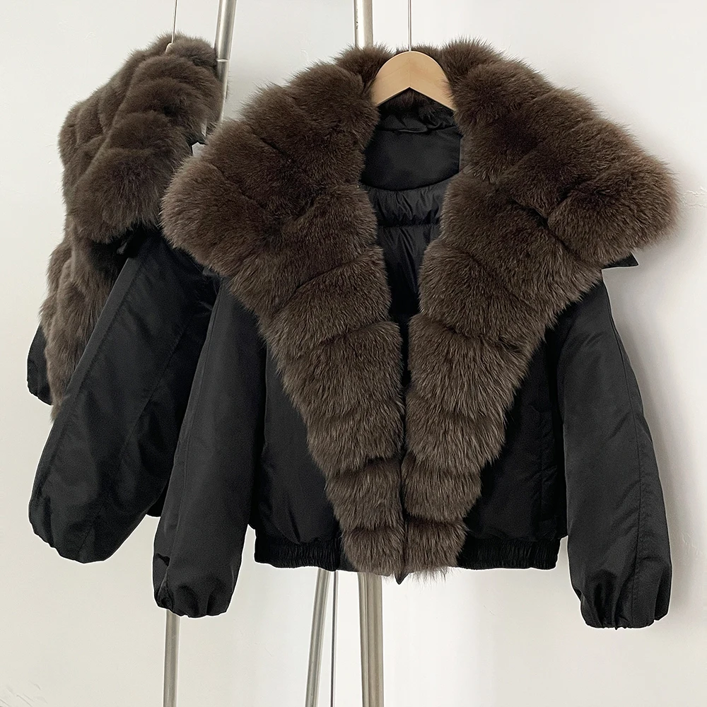 

White Goose Down Jacket Women New Autumn Winter Thick Warm Natural Fur Down Coat Real Fox Fur Collar Belt Loose Puffer Jacket