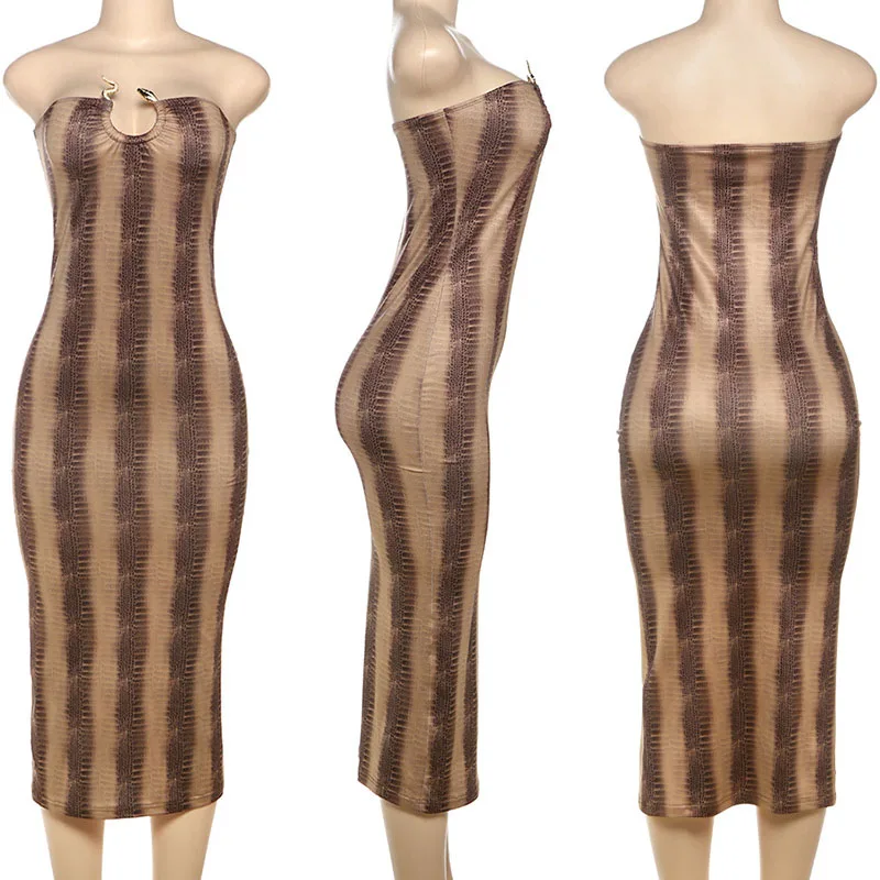 Abito longuette aderente stampato serpente sexy Donna Elegante discoteca senza maniche Anello in metallo senza spalline Guaina Abiti da ballo di fine anno Abiti