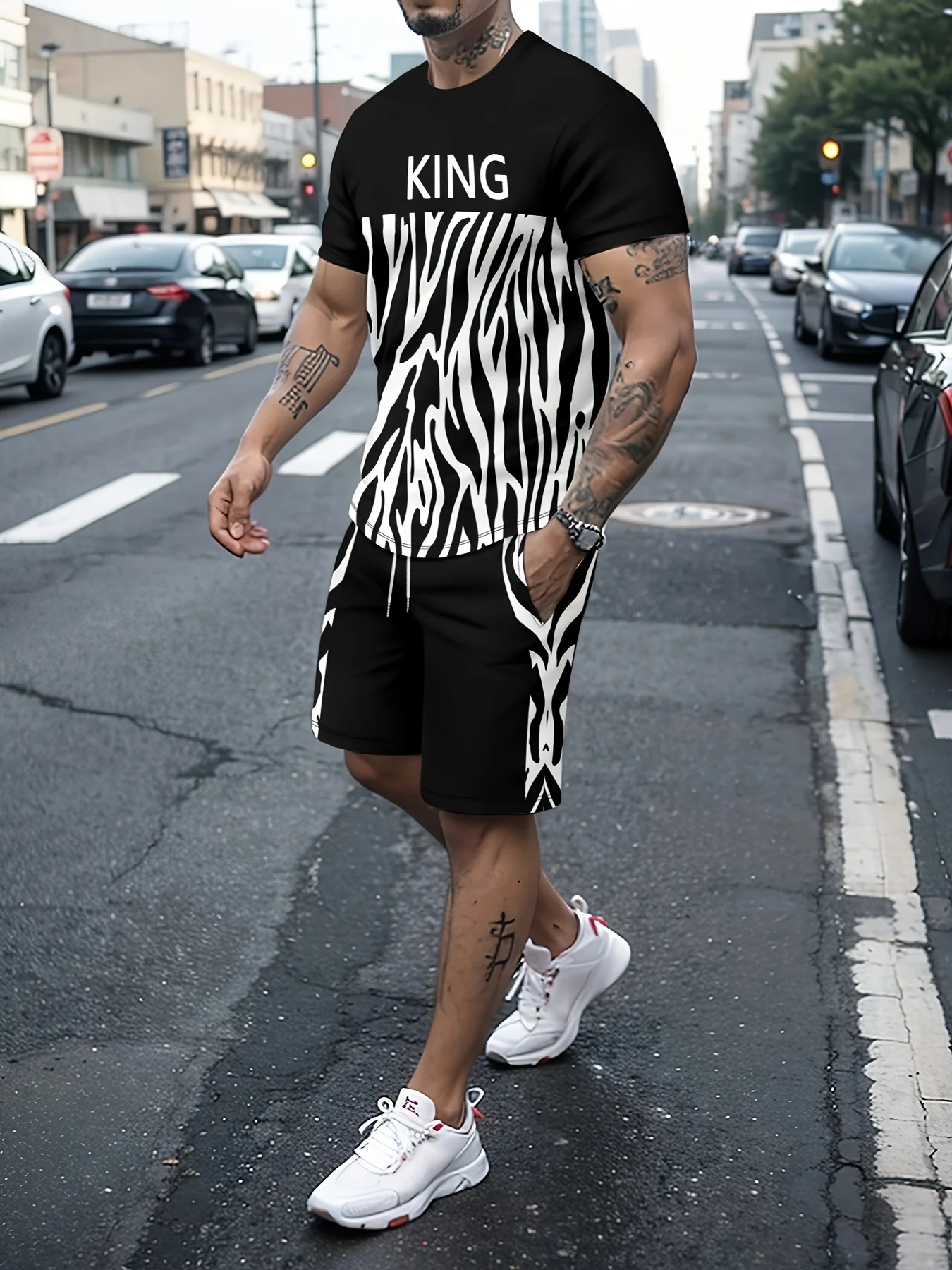 

The 2025 summer new 3D striped print sports T-shirt + shorts set is made of polyester fiber which is comfortable soft and breath